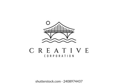 Footbridge logo with water waves in outline linear vector template design style
