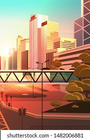 footbridge over highway asphalt road with marking arrows traffic signs city skyline modern skyscrapers cityscape sunset background flat vertical