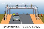 footbridge, overpass, children using pedestrian crossing. underpass. traffic education. traffic rules for children. Traffic signs. bridge.  pedestrian bridge