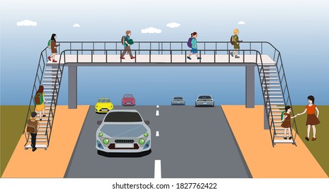 footbridge, overpass, children using pedestrian crossing. underpass. traffic education. traffic rules for children. Traffic signs. bridge.  pedestrian bridge