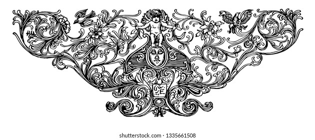 Footer with Cherub with a cherub and birds, it has used as an ornamental footer, vintage line drawing or engraving.