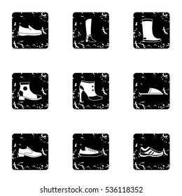 Footgear icons set. Grunge illustration of 9 footgear vector icons for web
