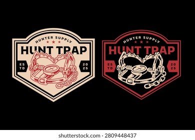 Foothold hunting retro badge design for survival. Set collection of vintage Steel hunting trap badge. Wildlife hunting gear rustic emblem logo with Bear trap illustration