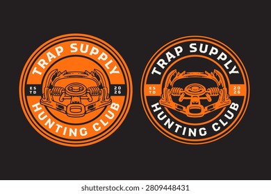 Foothold hunting trap retro badge design for survival. Set collection of vintage Steel hunting trap badge. Wildlife hunting gear rustic emblem logo with steel jaw trap illustration