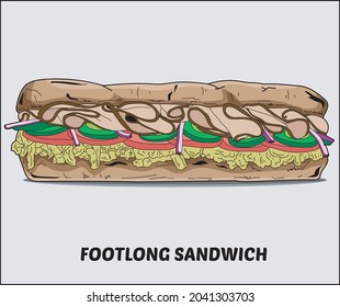 Footlong Sandwich Vector Illustration with Bread Ham Cucumber Tomatoes Lettuce