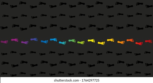 Footmark against the current. Rainbow colored footprints in opposite direction to the crowd. Symbol for courage, individuality, diversity or being an outsider. Vector on gray background.
