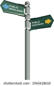 Footpath and bridleway signpost, UK, green, isolated vector