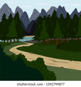 Footpath in a forest with mountain landscape on the horizon. The journey through the wild and reserved places.