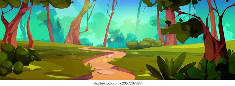 Camino a pie en el bosque verde de verano. Dibujo vectorial de días soleados brillantes en bosques con perspectiva de carreteras, árboles viejos, hierba y arbustos verdes, rayos de luz solar que arden en el aire. Un paisaje hermoso