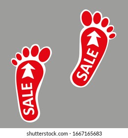 Footpath human footpath. Barefoot prints with the inscription SALE. Abstract concept, icon set. Vector illustration on a gray background. Human footprint, icon. Vector illustration