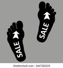 Footpath human footpath. Barefoot prints with the inscription SALE. Abstract concept, icon set. Vector illustration on a gray background. Human footprint, icon. Vector illustration