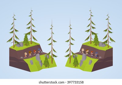 Footpath in the mountains. 3D lowpoly isometric vector concept illustration