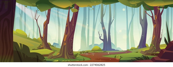 Footpath in summer forest on sunny day. Vector cartoon illustration of woodland with green trees, bushes, grass, sun shining and shimmering bright. Beautiful nature landscape. Travel game background