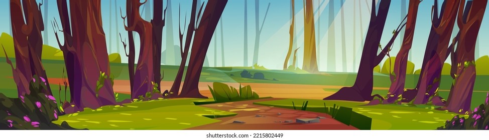 Footpath in sunlit forest cartoon illustration. Beautiful old wood with ancient tall trees, green grass, flowers blooming on bushes and clear blue sky background. Natural landscape vector design