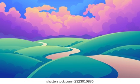 Footpath through green hills in cartoon style on pink sky sunset background.