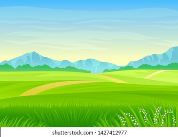 Footpath through a green meadow. Vector illustration on white background.