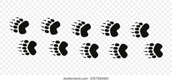 Footpath trail of animal. Bear paws. Bear paws walking randomly print vector isolated on white background. svg