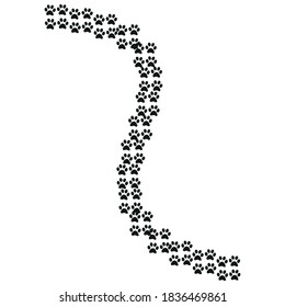 Footpath trail of animal. Dog or cat paws print isolated on white. Trail footpath wildlife, footprint silhouette