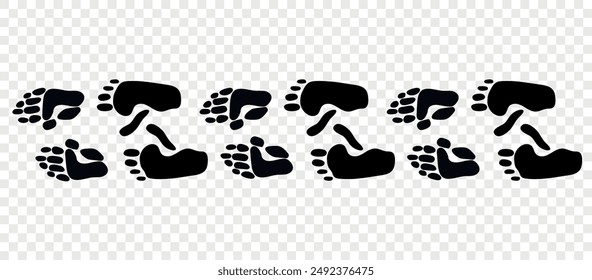 Footpath trail of animal. Gorilla paws. Gorilla paws walking randomly print vector isolated on checkered background.	