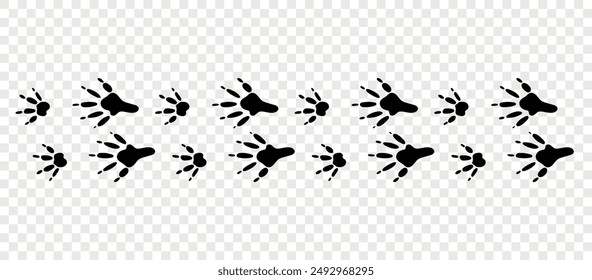 Footpath trail of animals. Mouse paws. Mouse paws walking randomly print vector isolated on checkered background.