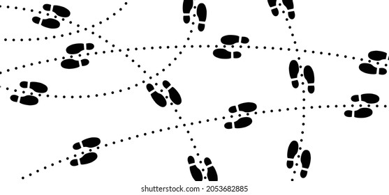 Footpath Walking Route With Shoe. Flat Vector Footprint. Footsteps Silhouette Pictogram Or Logo. Human Foot Steps. Tracking, Track, Trace, Trail Map, Pin Or Pointer Icon. Line Path Pattern. Location