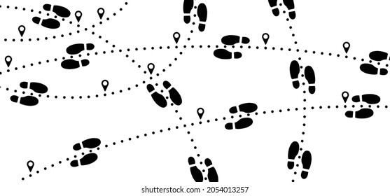 Footpath Walking Route With Shoe. Flat Vector Footprint. Footsteps Silhouette Pictogram Or Logo. Human Foot Steps. Tracking, Track, Trace, Trail Map, Pin Or Pointer Icon. Line Path Pattern. Location