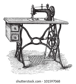 Foot-powered Sewing Machine, vintage engraved illustration. Dictionary of Words and Things - Larive and Fleury - 1895
