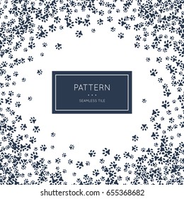 Footprint animal paws pattern. Vector illustration for zoo minimalistic design. Minimal style abstract background decoration. Modern elegant wallpaper with border frame. White black vintage color