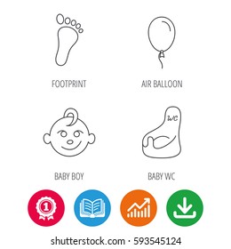 Footprint, baby boy and child toilet icons. Air balloon linear sign. Award medal, growth chart and opened book web icons. Download arrow. Vector