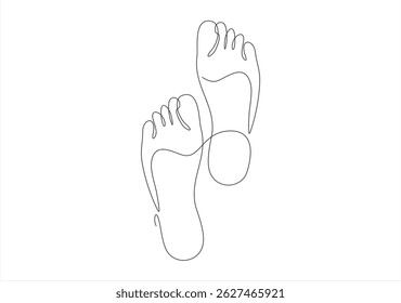 Huella y pie desnudo en un dibujo de línea continua. Elegancia pies femeninos en estilo lineal simple. Concepto de masaje de bienestar y cuidado de la piel suave. Trazo editable.