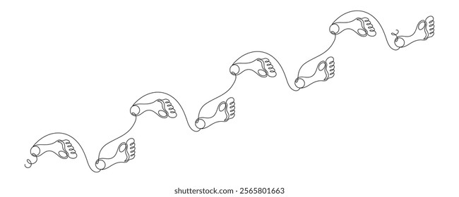 Footprint and barefoot drawn with continuous line in minimalism, steps, gait, podology, one line, editable vector contour