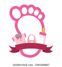 footprint bib clothes bottle milk girl decoration baby shower card vector illustration