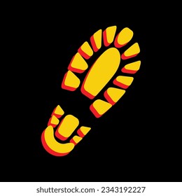 Footprint boot sign. 3D Extruded Yellow Icon with Red Sides a Black background. Illustration.