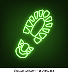 Footprint boot sign. Green neon icon in the dark. Blurred lightening. Illustration.
