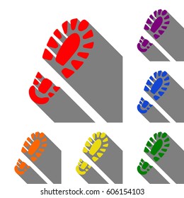 Footprint boot sign. Set of red, orange, yellow, green, blue and violet icons at white background with flat shadow.