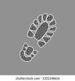 Footprint boot sign. Vector. Black maze filled icon with white border at gray background.