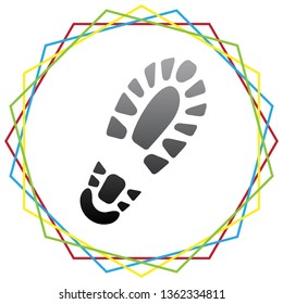 Footprint boot sign. Vector. Black icon with patch of light inside colorful hexagonal frames at white background.
