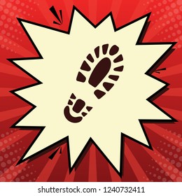 Footprint boot sign. Vector. Dark red icon in lemon chiffon shutter bubble at red popart background with rays.