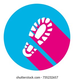 Footprint boot sign. Vector. Flat white icon with mexican pink shadow inside sky blue(S and G) circle at white background. Isolated. Trend colors in 2017.