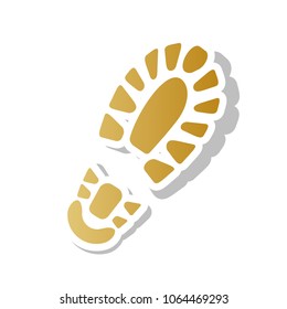 Footprint boot sign. Vector. Golden gradient icon with white contour and rotated gray shadow at white background.