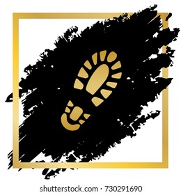 Footprint boot sign. Vector. Golden icon at black spot inside golden frame on white background.