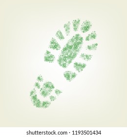 Footprint boot sign. Vector. Green hexagon rastered icon and noised opacity and size at light green background with central light.