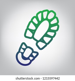 Footprint boot sign. Vector. Green to blue gradient contour icon at grayish background with light in center.