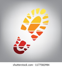 Footprint boot sign. Vector. Horizontally sliced icon with colors from sunny gradient in gray background.