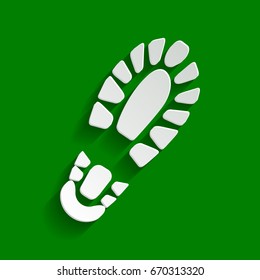 Footprint boot sign. Vector. Paper whitish icon with soft shadow on green background.