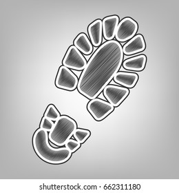 Footprint boot sign. Vector. Pencil sketch imitation. Dark gray scribble icon with dark gray outer contour at gray background.
