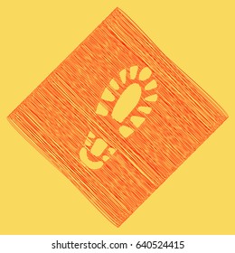 Footprint boot sign. Vector. Red scribble icon obtained as a result of subtraction rhomb and path. Royal yellow background.