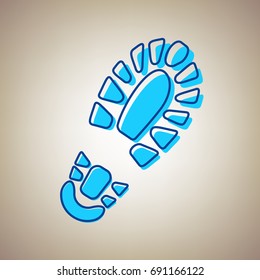 Footprint boot sign. Vector. Sky blue icon with defected blue contour on beige background.
