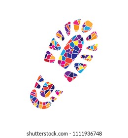 Footprint boot sign. Vector. Stained glass icon on white background. Colorful polygons. Isolated.