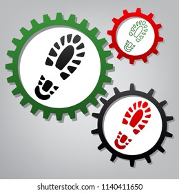 Footprint boot sign. Vector. Three connected gears with icons at grayish background.